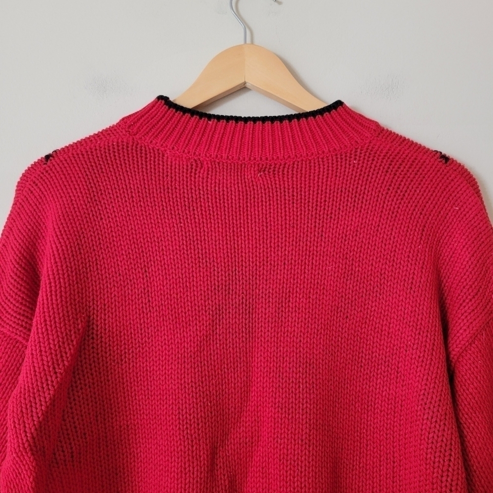 Vintage 80s Red Knit Mockneck Colourful Argyle Sweater Teachercore - Picture 4 of 8